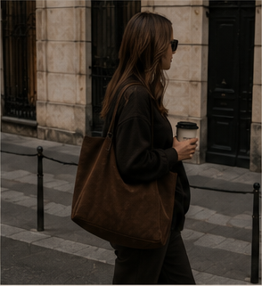 woman walking a city street carrying a brown tote bag and iced coffee