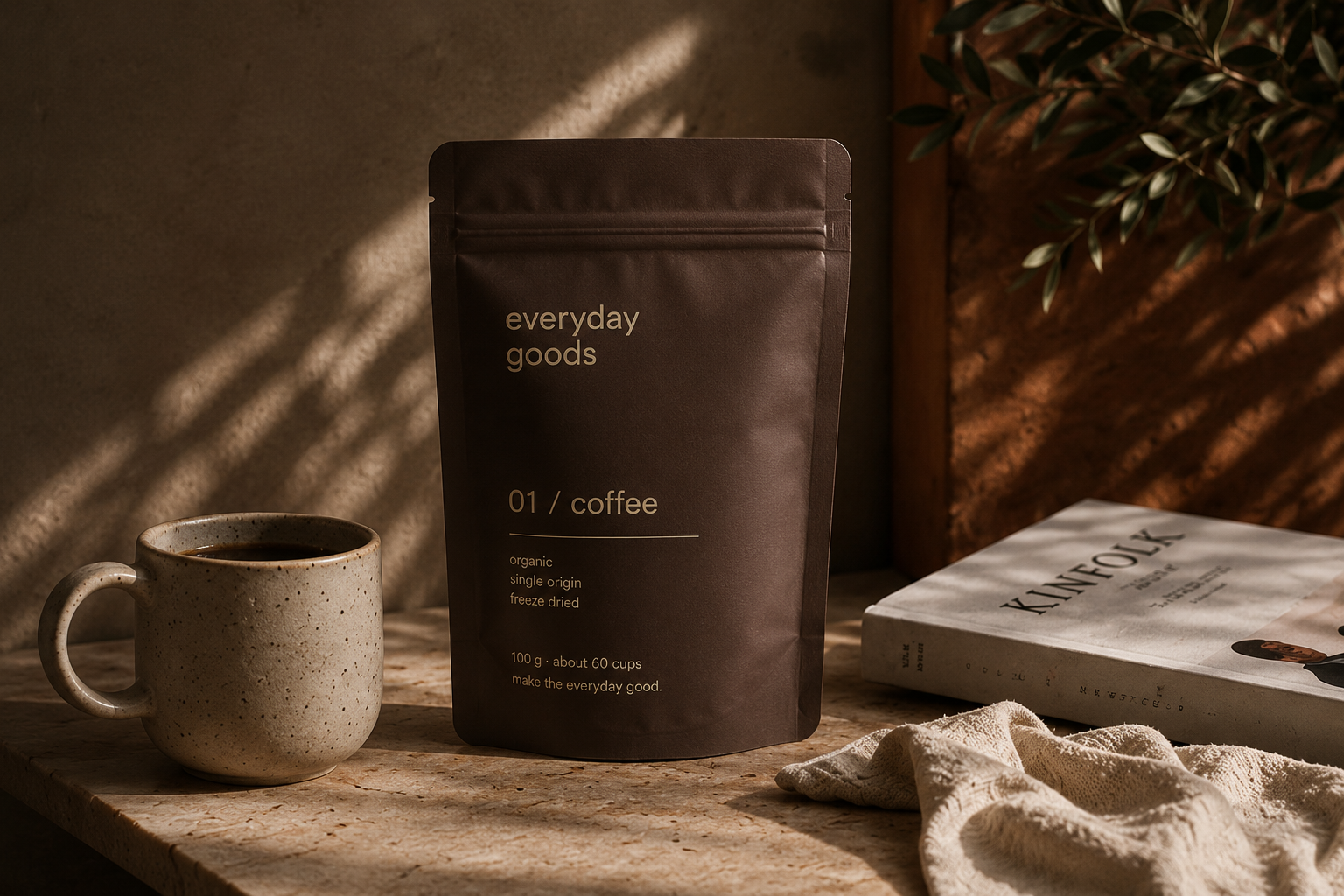 everyday goods coffee pouch, ceramic mug and Kinfolk book on a travertine counter in warm morning light