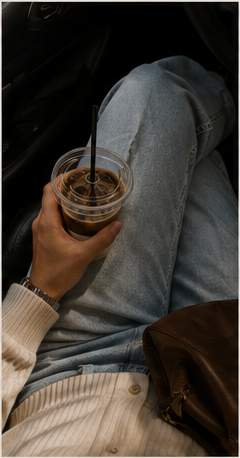 iced coffee held above blue jeans and a cream knit cardigan in a car with black leather seats